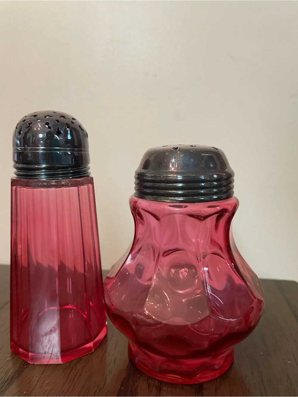 Vintage Pink Glass Salt and Pepper Shakers with Metal Tops